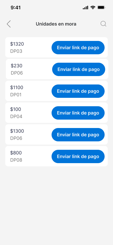 Listado de unidades en mora con botón Enviar link de pago