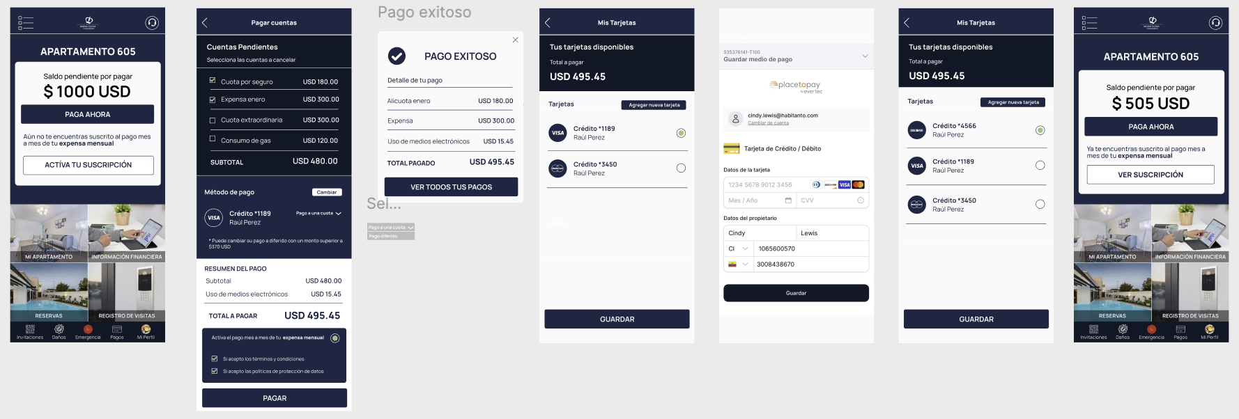 Flujo mapeado en Figma: suscripción activa, pago a una cuota, agregar más tarjetas