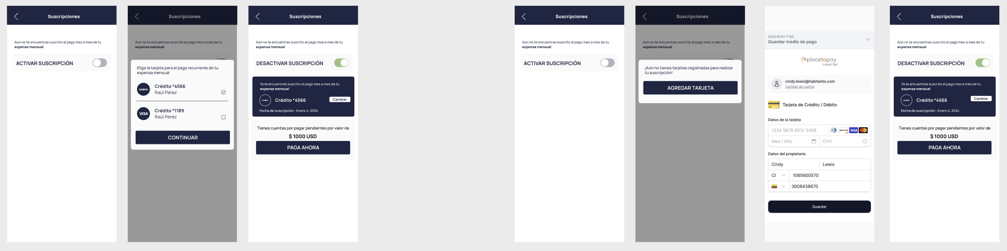 Flujo mapeado en Figma: activar y desactivar la suscripción al pago automático, elegir tarjeta para el cobro recurrente