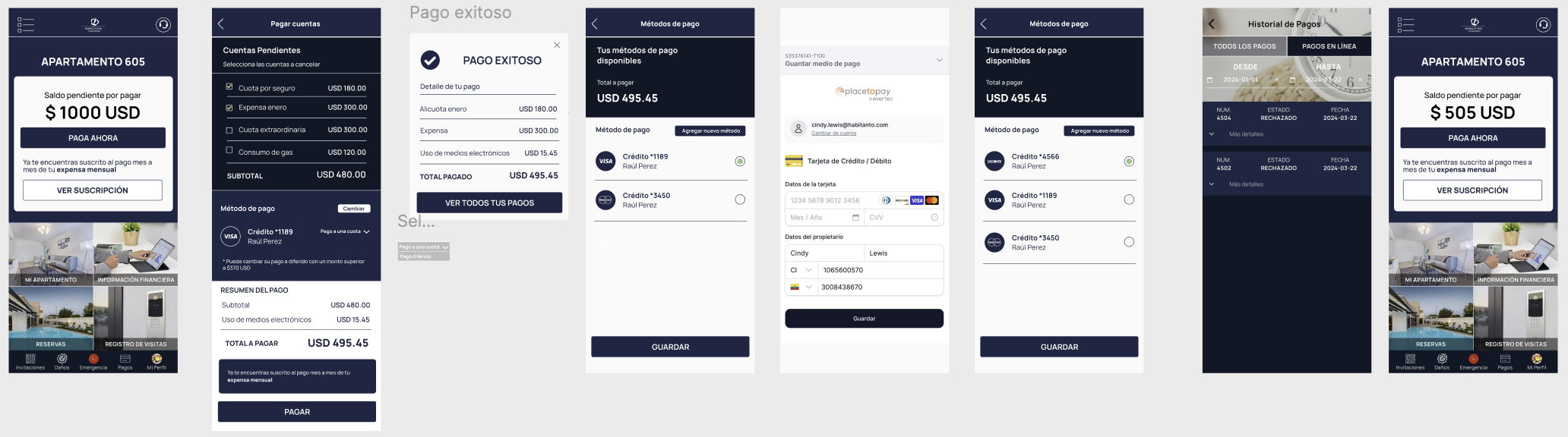 Flujo mapeado en Figma: pagar cuenta, gestionar métodos de pago y consultar historial de pagos