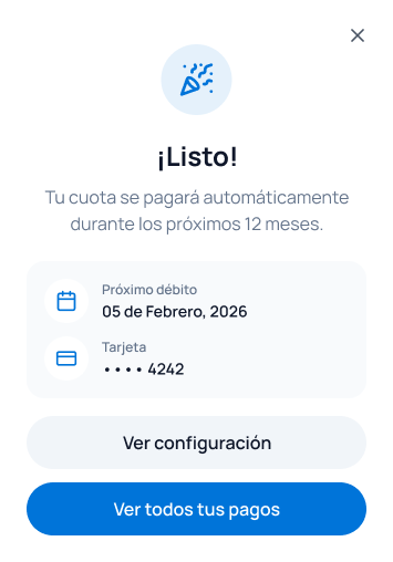 Confirmación de activación del pago automático con próximo débito y tarjeta