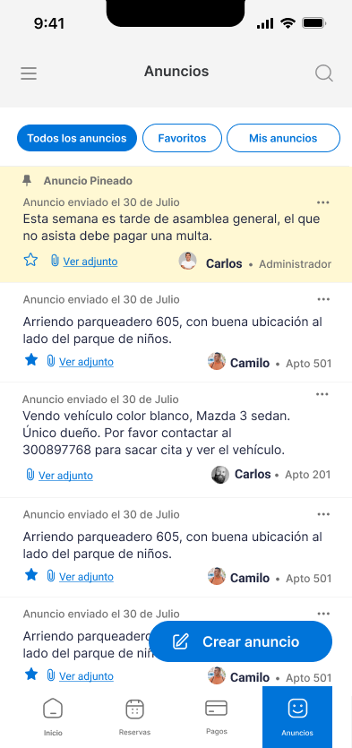 Feed de anuncios de la comunidad con un aviso del administrador fijado arriba de las publicaciones de residentes