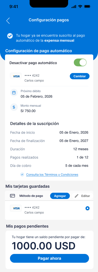 Configuración de pagos: detalles de la suscripción con 1 de 12 pagos, tarjetas guardadas y saldo pendiente
