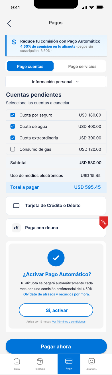 Pantalla Cuentas pendientes con banner de incentivo del pago automático, deuna como método de pago y botón Pagar ahora