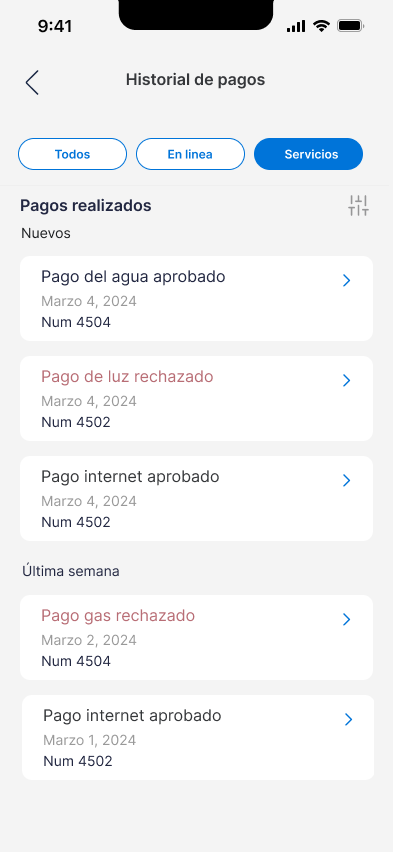Historial de pagos con estados aprobado y rechazado por servicio