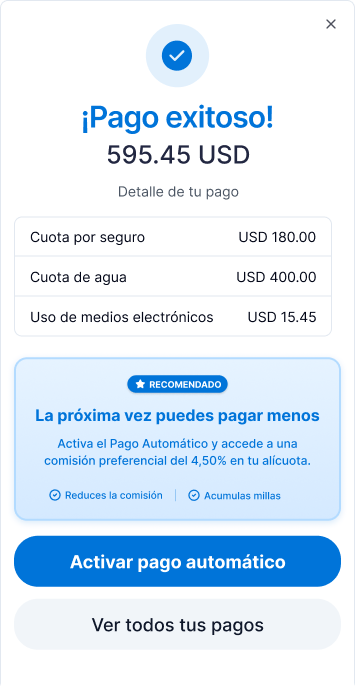 Modal post-pago ofreciendo activar el pago automático con comisión preferencial