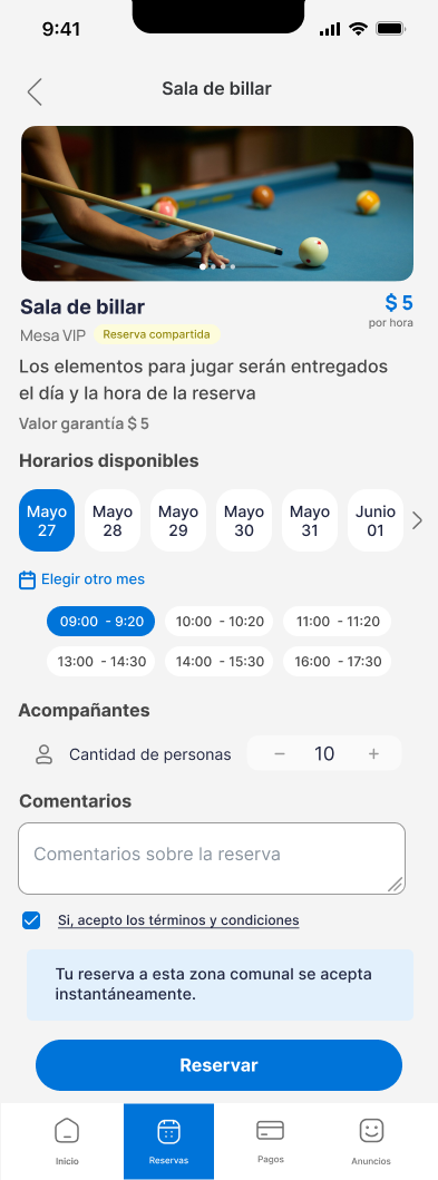Formulario de reserva de la sala de billar con calendario, franja horaria y número de personas