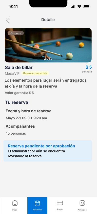 Detalle de reserva en estado pendiente por aprobación