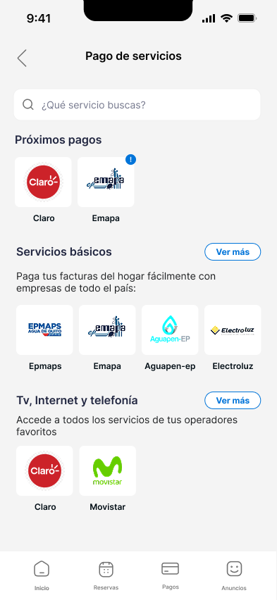 Pantalla Pago de servicios con búsqueda de proveedor, próximos pagos, servicios básicos y TV, internet y telefonía