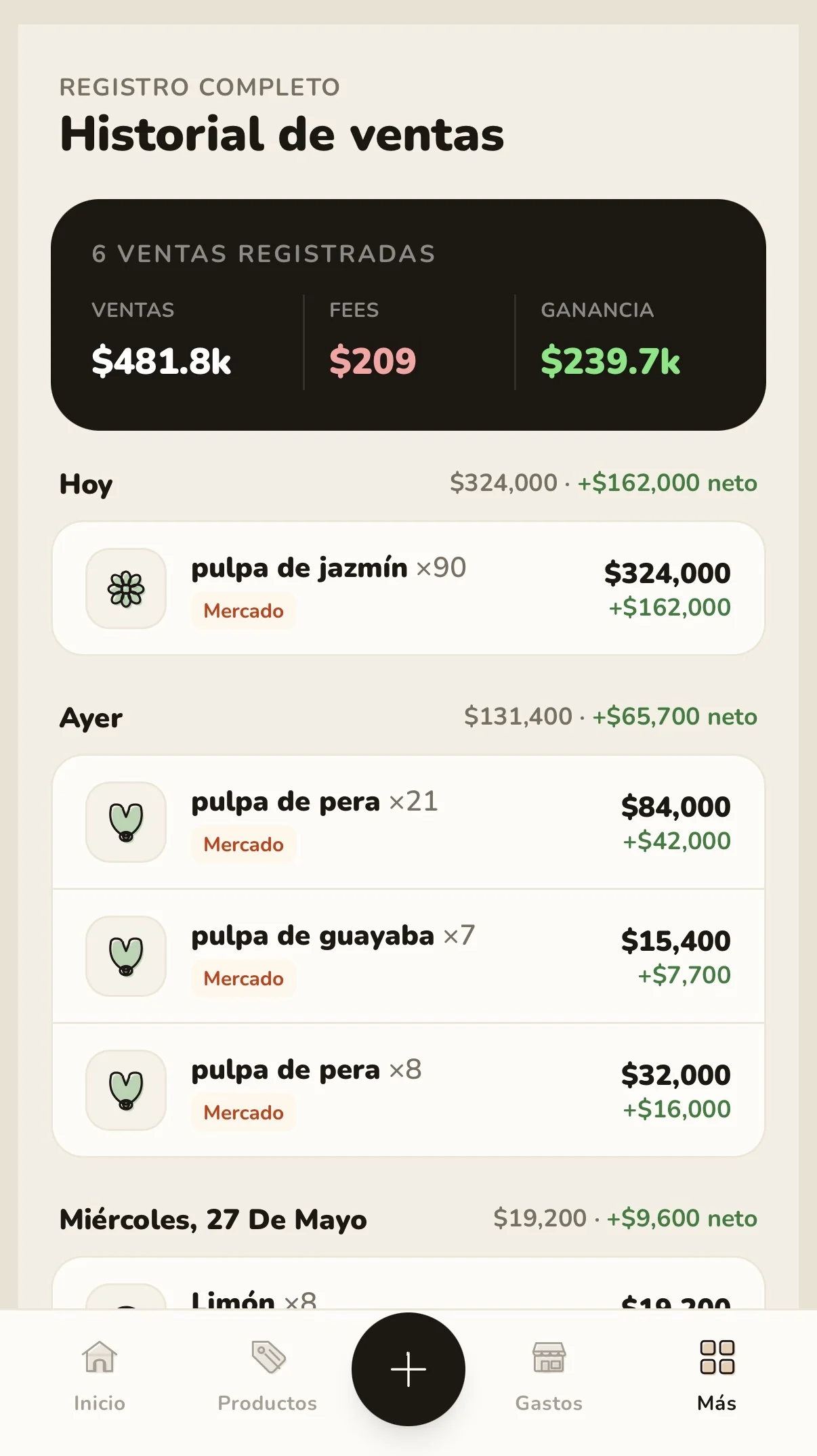 Historial de ventas por día con la ganancia neta de cada venta