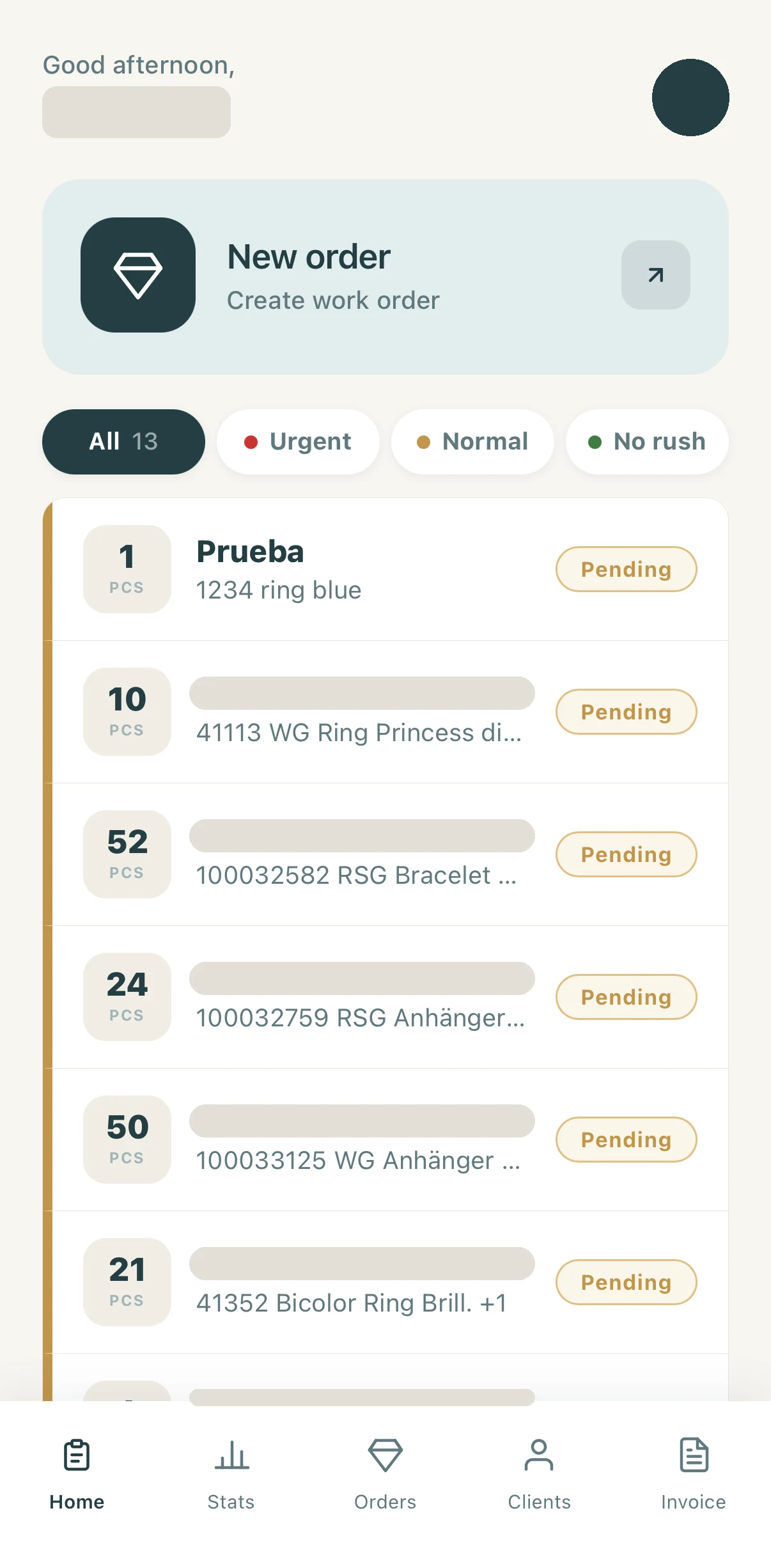 Inicio de la app: nuevo pedido y pedidos pendientes filtrados por urgencia