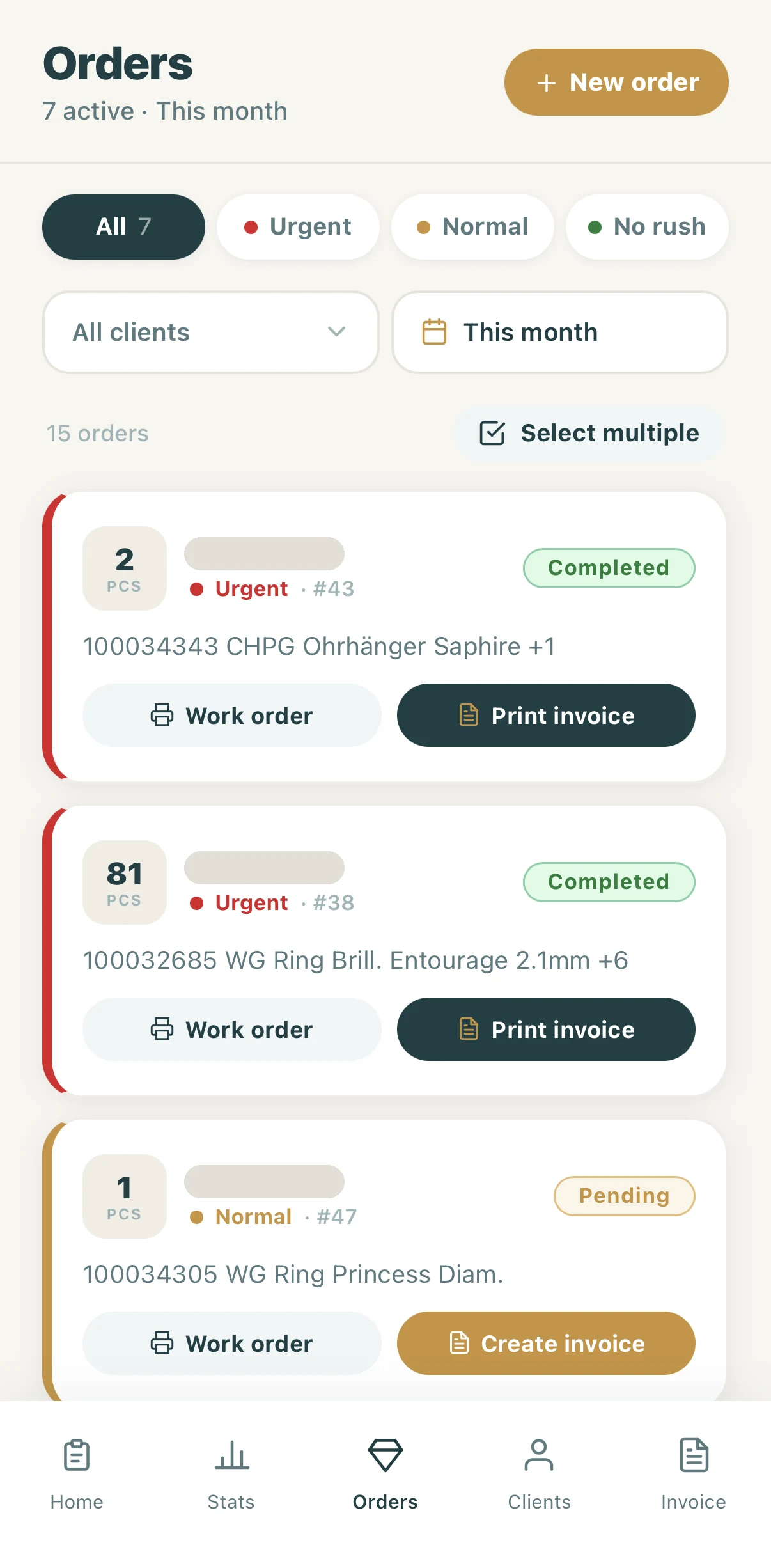 Pedidos del mes con urgencia, estado y botones para orden de trabajo y factura