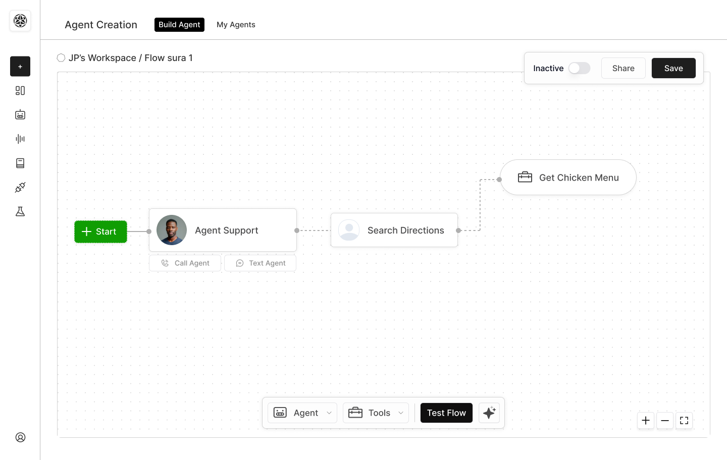 Canvas de flujo nodo por nodo con los nodos Start, Agent Support, Search Directions y Get Chicken Menu conectados, y un menú de Tools en la parte inferior
