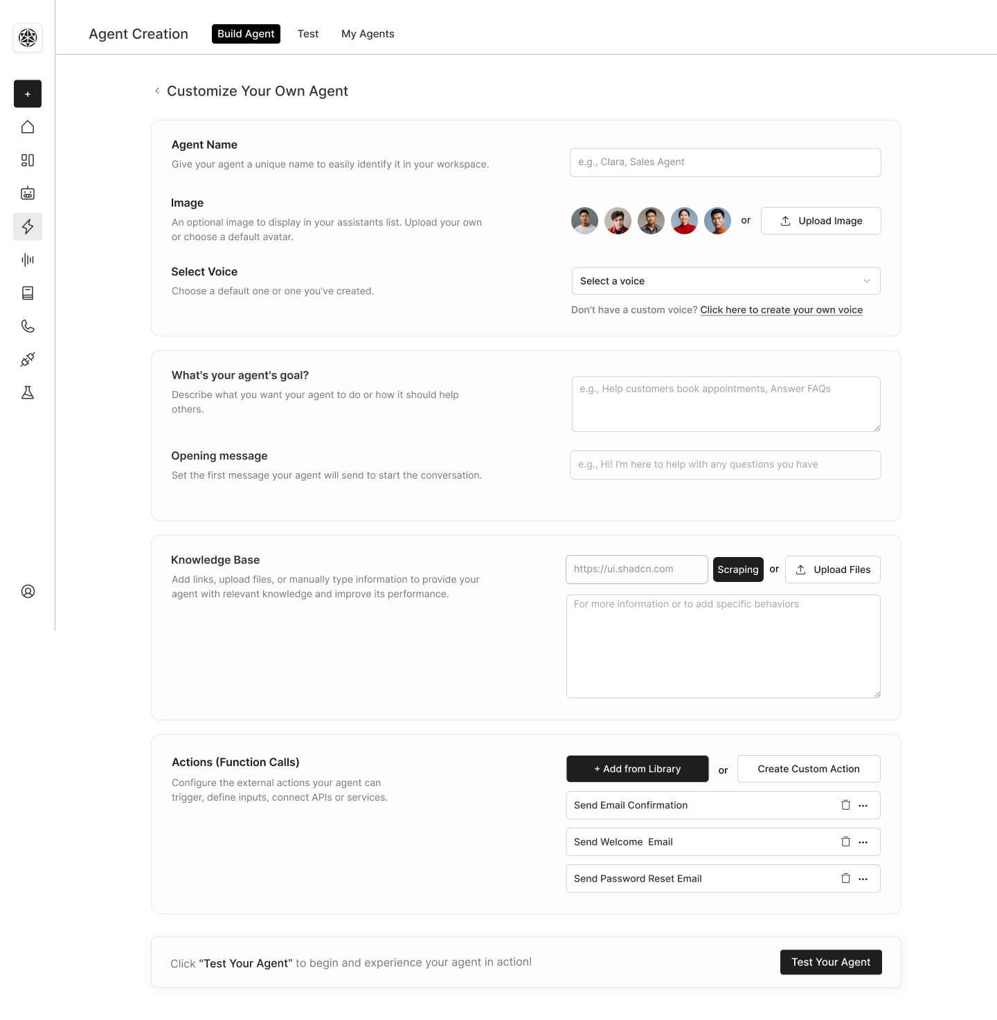 Pantalla "Customize Your Own Agent" del primer formulario para crear agentes de Edgen AI, con campos de nombre, imagen, voz, objetivo, mensaje de apertura, base de conocimiento y acciones
