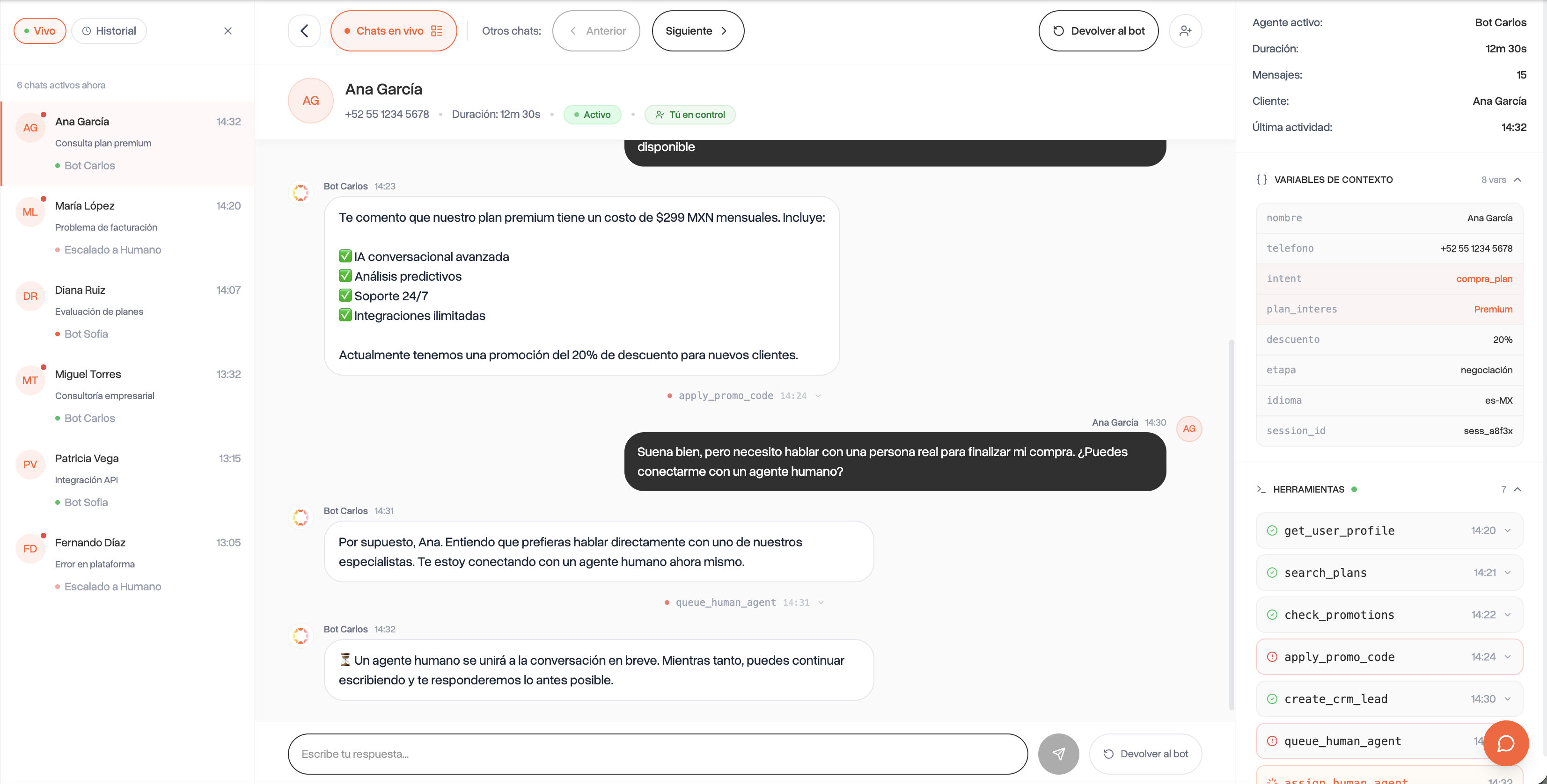Chat con un humano en control de la conversación, con el botón para devolverla al bot