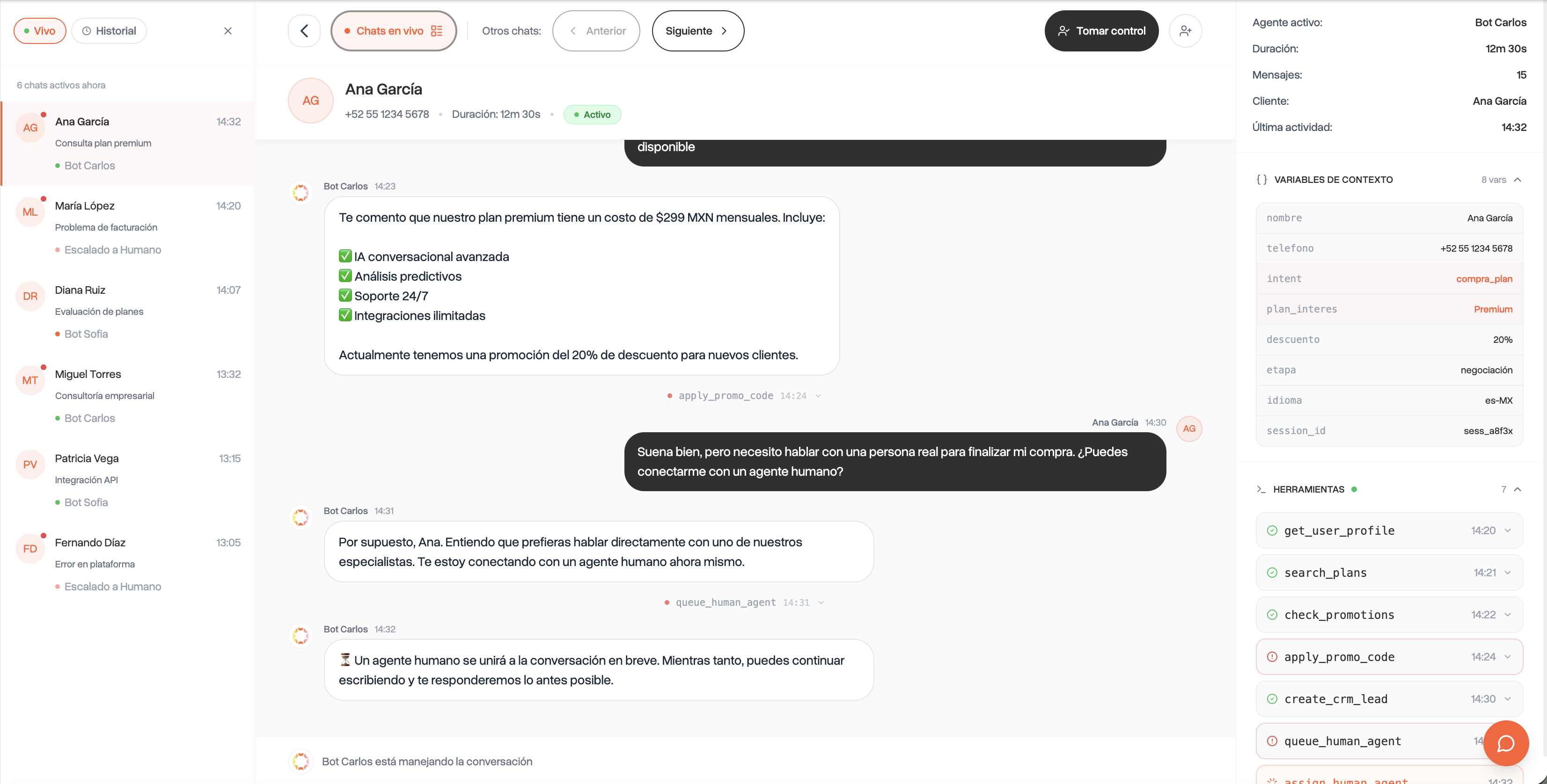 Chat en vivo con Ana García: variables de contexto detectadas (intent, plan de interés, descuento) y registro de herramientas usadas por el bot, con una solicitud de agente humano en curso