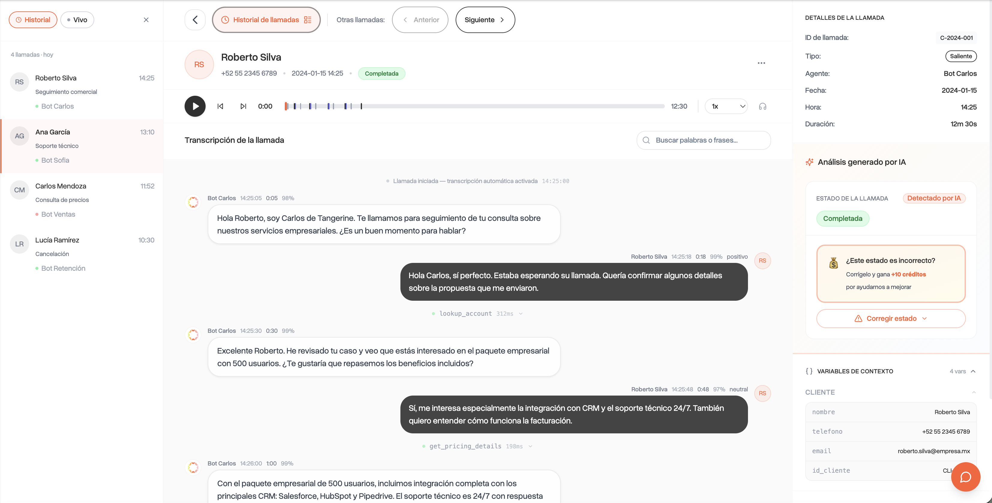 Historial de una llamada con un análisis generado por IA sobre su estado, y la opción de corregirlo si está mal clasificado