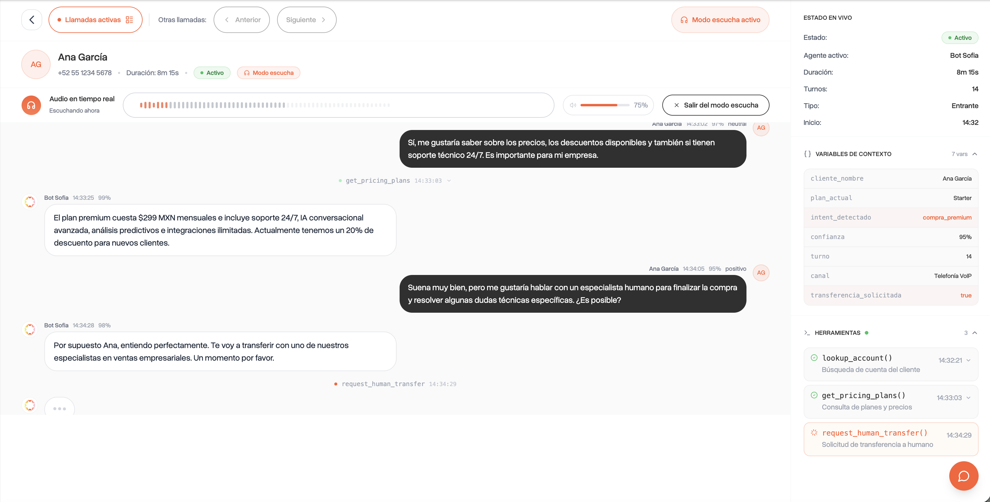 Llamada activa en modo escucha, con transcripción en tiempo real y confianza e intención detectada en cada turno