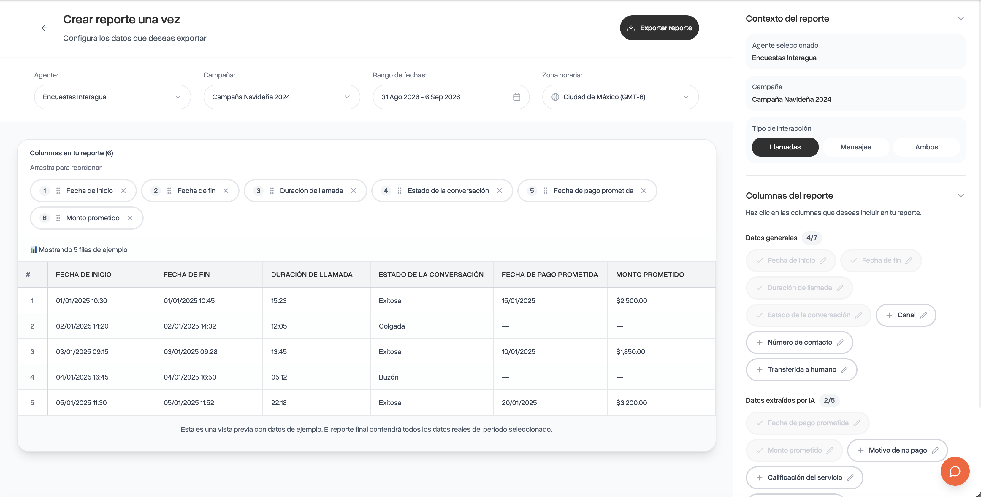 Constructor de reportes con columnas de datos generales y datos extraídos por IA, como fecha de pago prometida y motivo de no pago